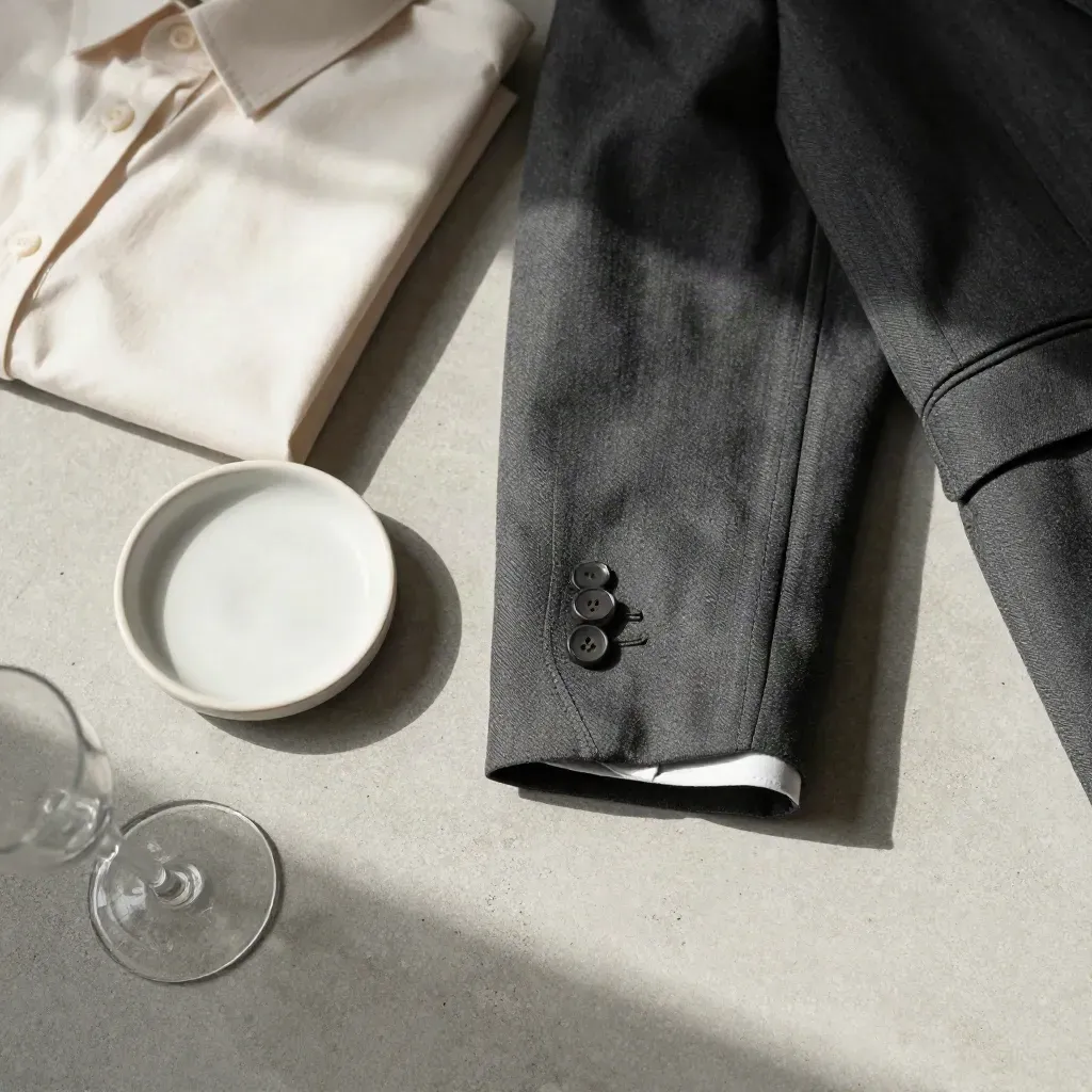 Overhead flatlay of charcoal blazer cuff, ivory shirt, ceramic dish and glass stem on pale concrete.