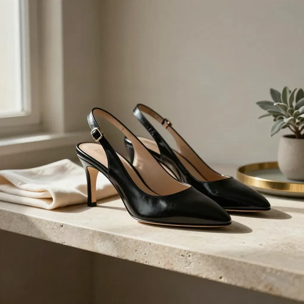 Polished slingback heels with cloth, tray and plant on a stone shelf.