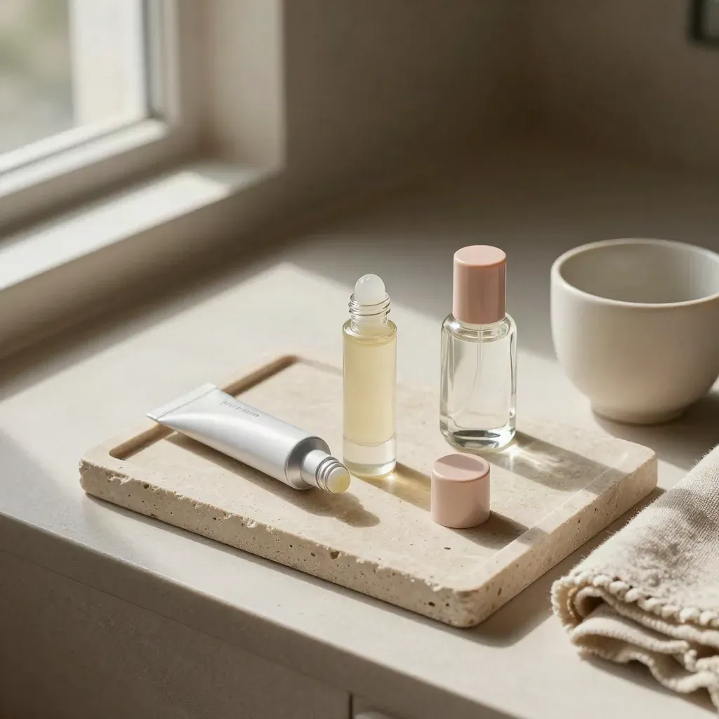 Open lip balm, brow gel, scent bottle, linen, and ceramic cup on a pale tray