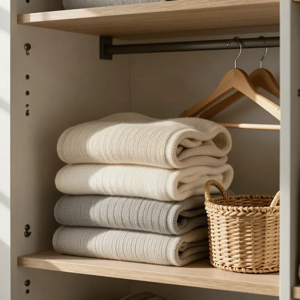 Folded knits in a wardrobe nook with hangers and a woven basket