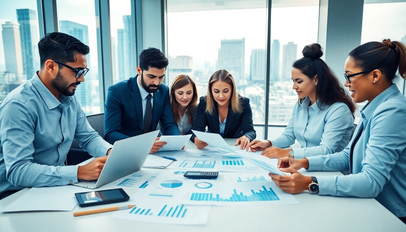 Corporate Tax Return Filing in a professional office setting with accountants collaborating