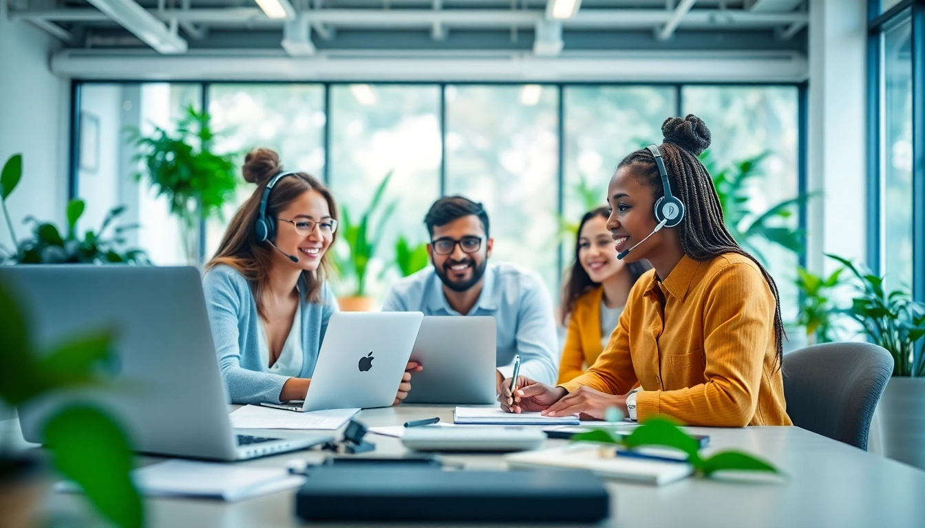 Engaging team using a cloud based phone system during a video conference in a modern office.