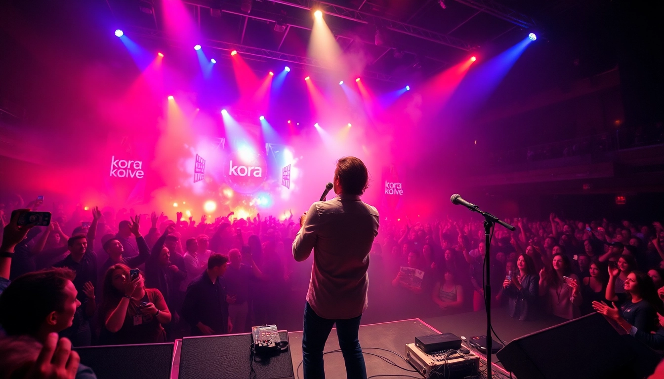 Koralive concert scene showcasing an energetic musician performing live with vibrant stage lights.