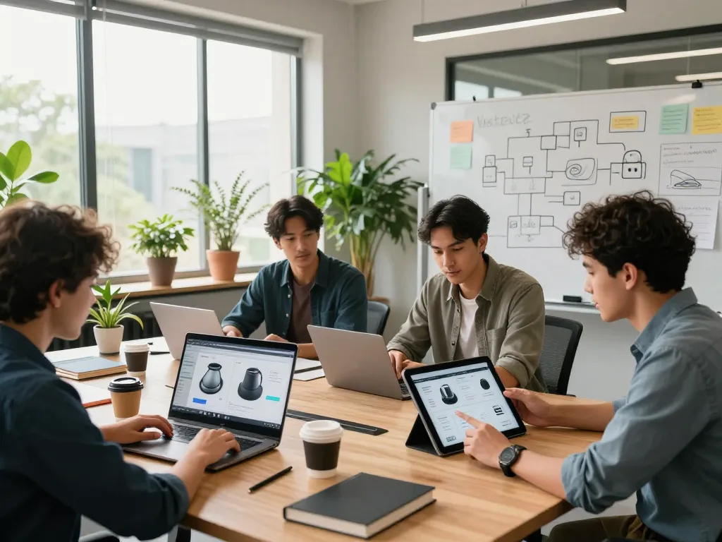 Developers collaborating on 3D product configurator software in a modern office.