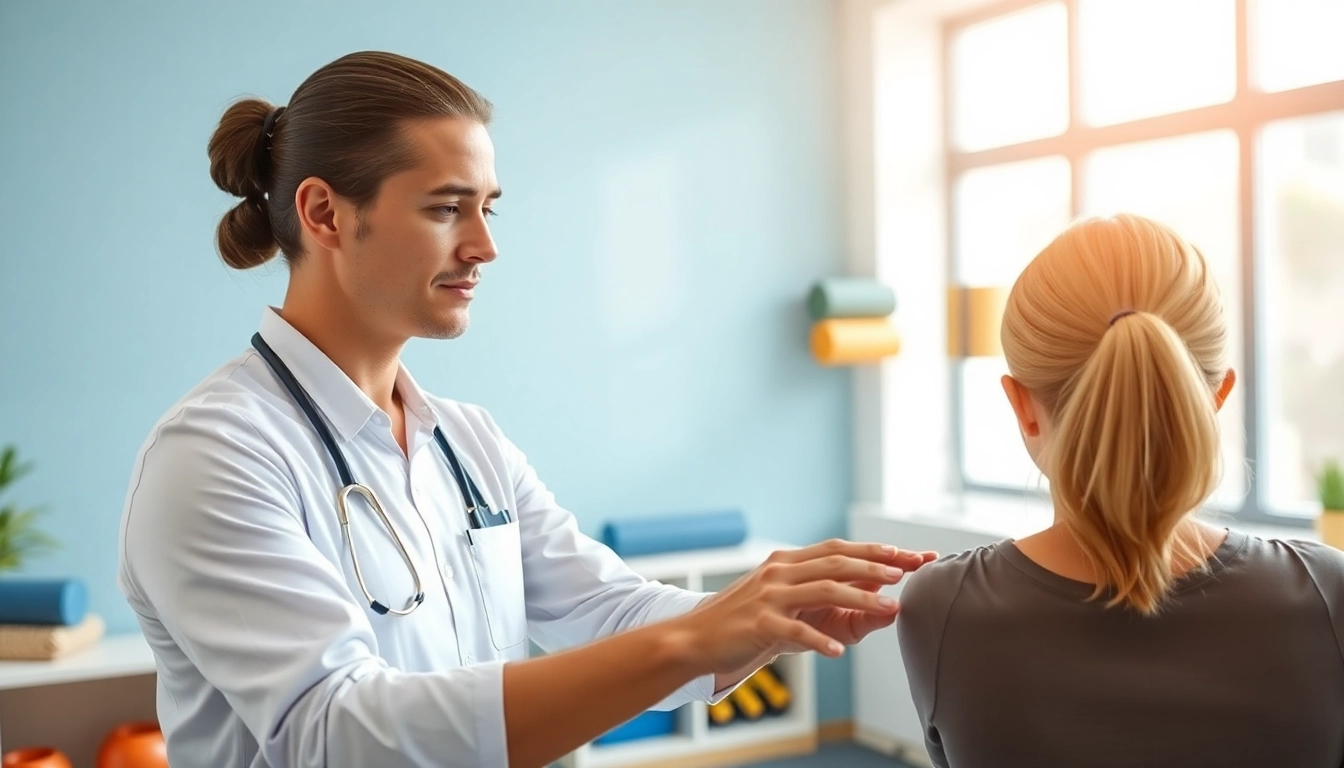 Showcasing effective back pain remedies through a physiotherapist's demonstration in a calming clinic.