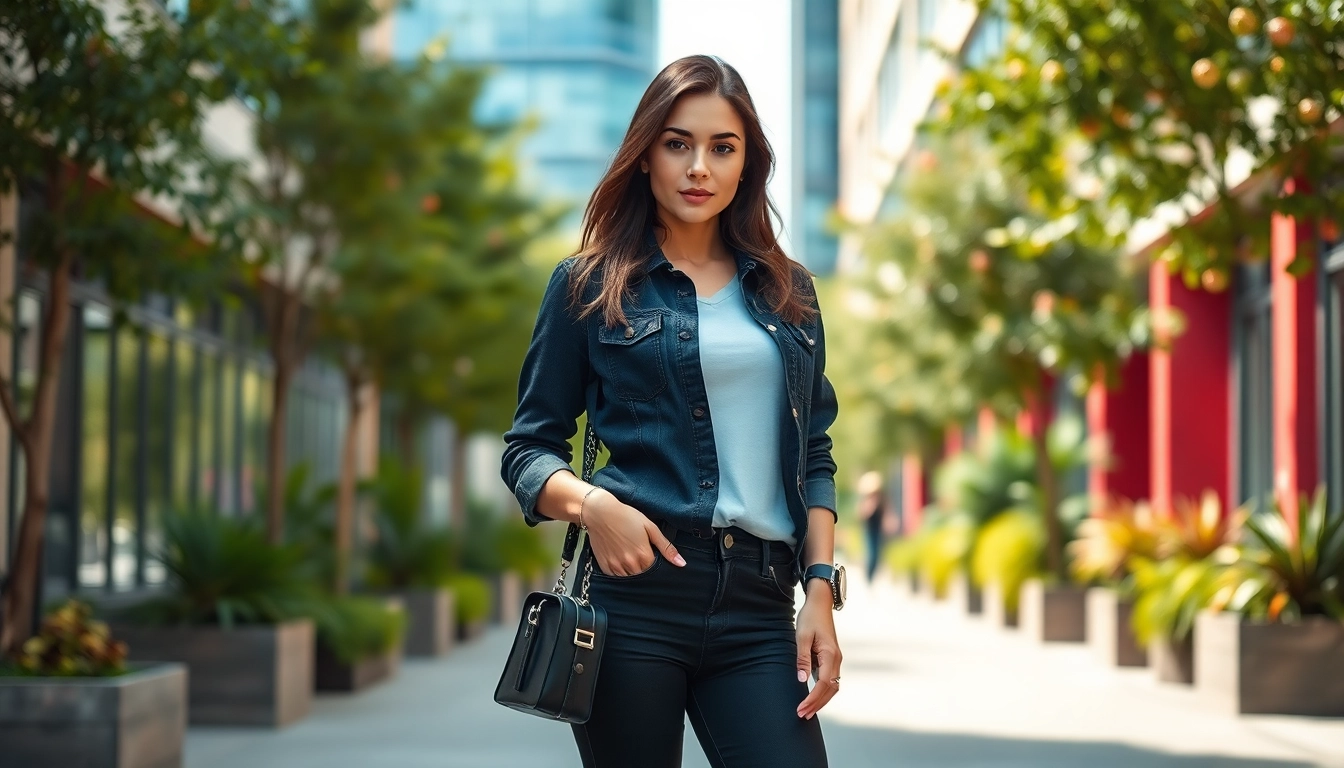 Confident woman showcases stylish black jeans women in vibrant urban setting.