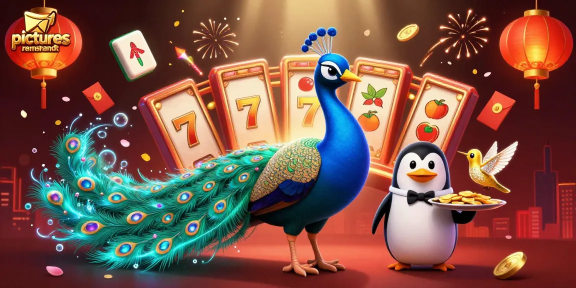 Gali jackpot menarik di picturesrembrandt dengan merak, penguin, dan kolase simbol perjudian.