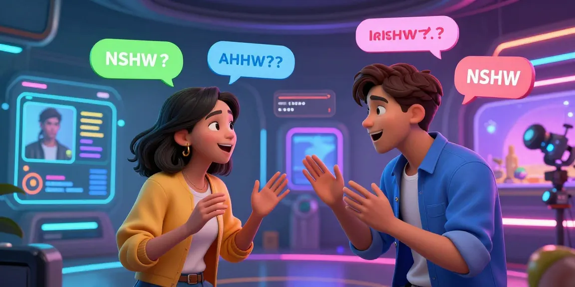 Engaging NSFW character AI chat showcasing colorful digital environment and lively character interaction.