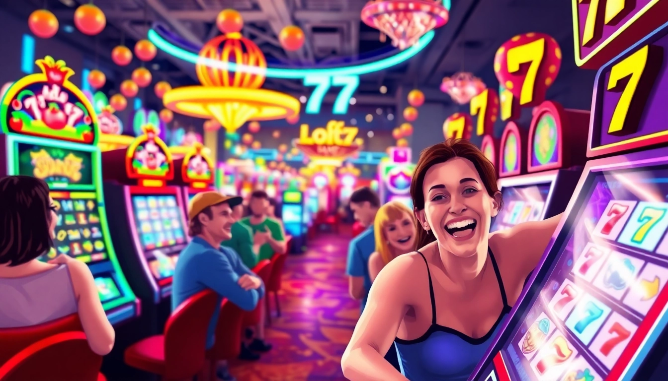 Menghadirkan Slot77 dalam suasana kasino yang penuh warna dengan pemain yang antusias.