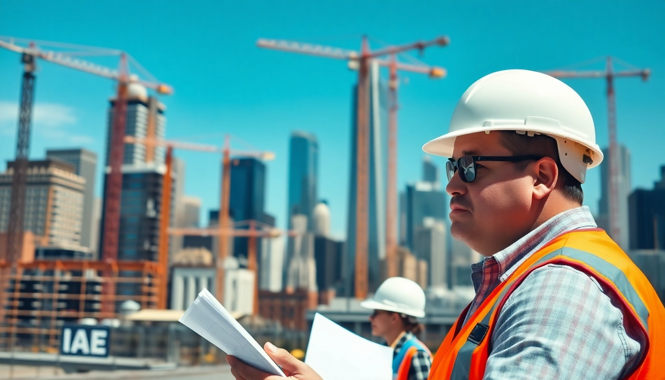 Manhattan General Contractor inspecting an urban construction site with team members, amidst the New York skyline.