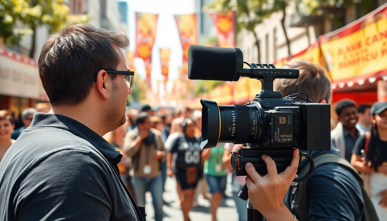 Videographer capturing the essence of a vibrant street festival in an urban setting.