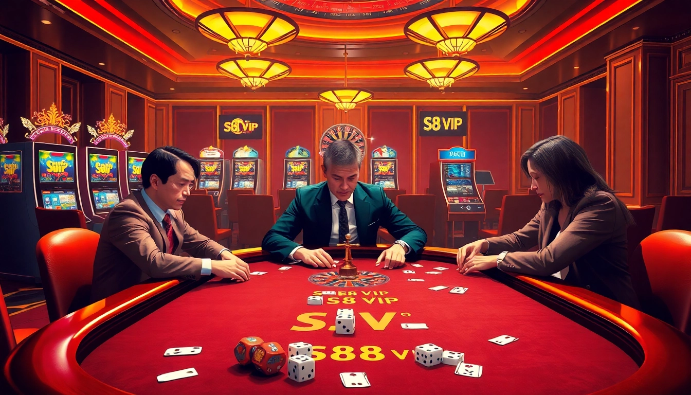 Exciting atmosphere at the S88 VIP casino with poker tables and spinning roulette wheel