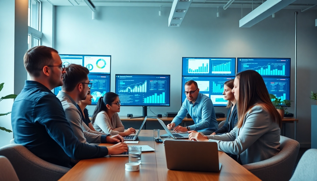 Dynamic team in a digital marketing company brainstorming in a modern office setting.