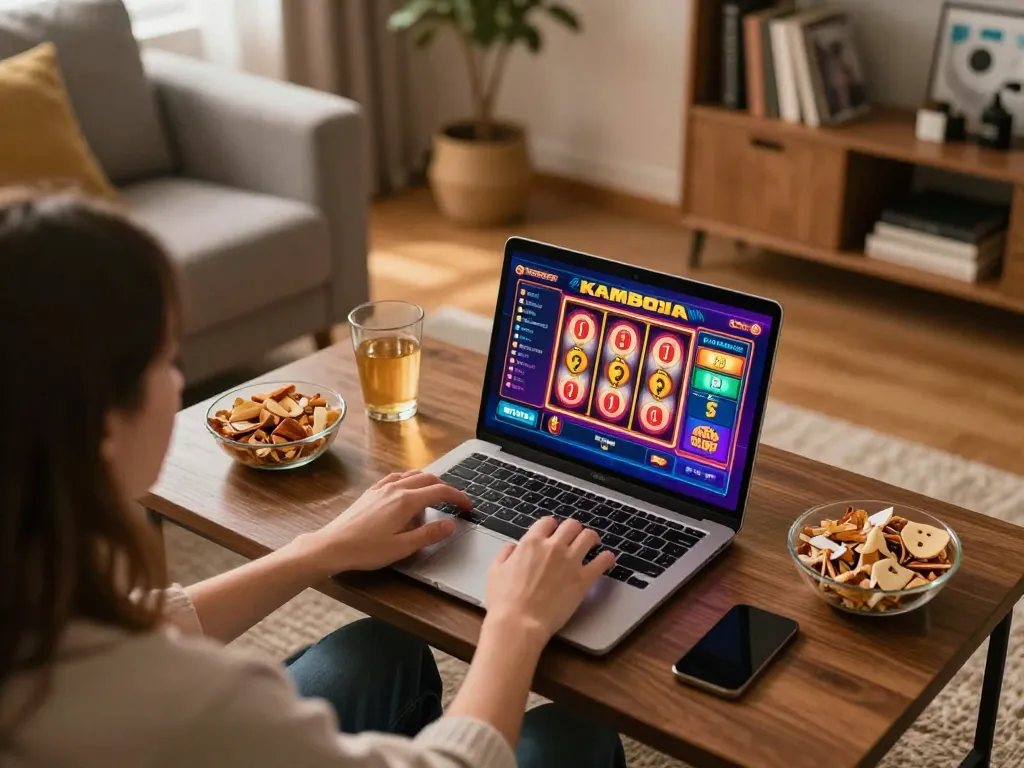 Player engaging with slot kamboja on a laptop in a cozy home setting, snacks and warm lighting around.
