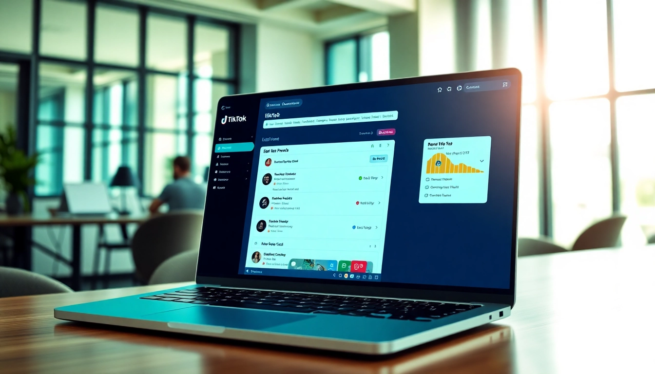 Engage with TikTok SMM panel dashboard in a bright, modern digital marketing workspace.