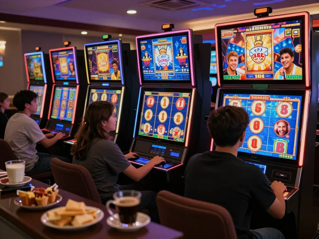 Players excitedly playing slot88 games on tablets, capturing joyful moments of winning spins in an inviting online casino setup