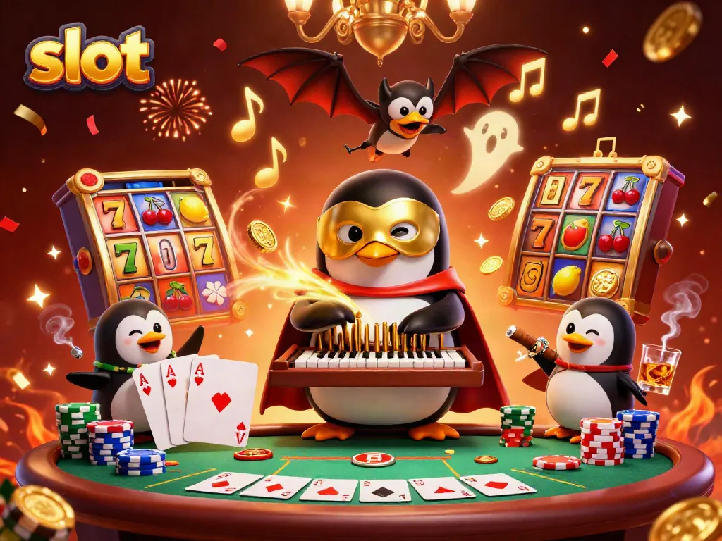 Experience the thrill of slot play with a vibrant 3D illustration of a penguin and bat in a casino setting.