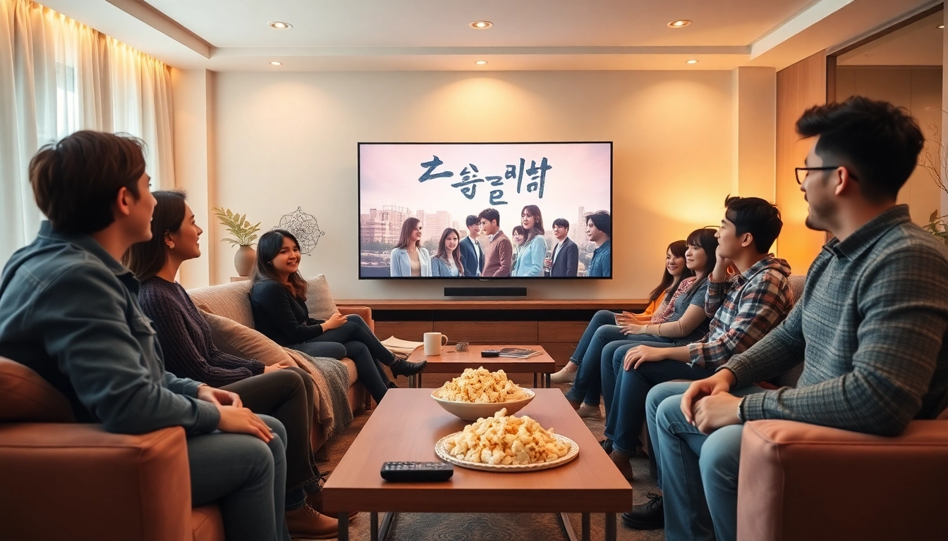 Enjoy friends watching Korean drama online in a cozy living room setting.