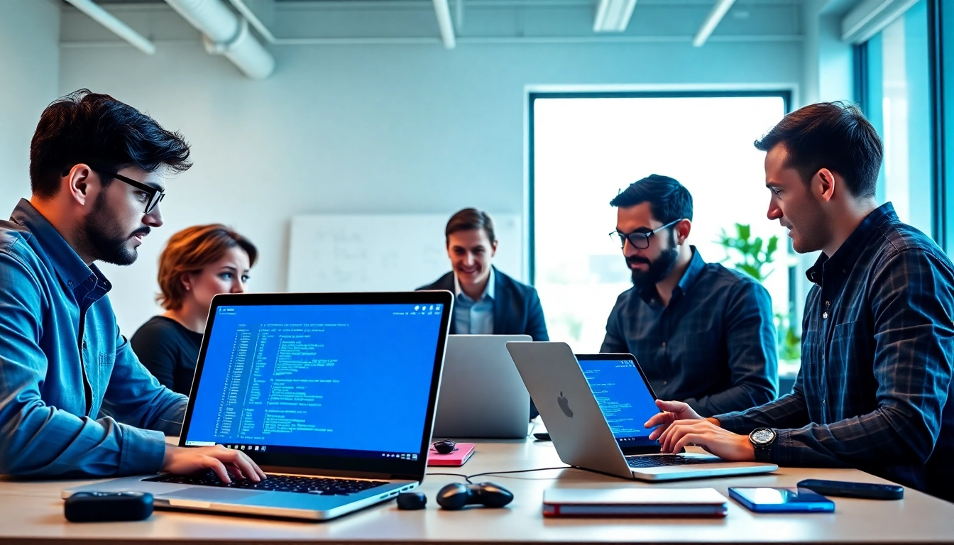 Showcase of AI Software developers collaborating in a modern office, illustrating teamwork and technology.
