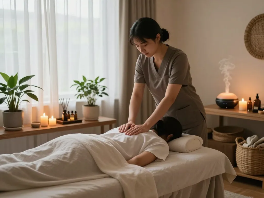 Experience peaceful 인계동마사지 in a relaxing therapy room with candles and plants.