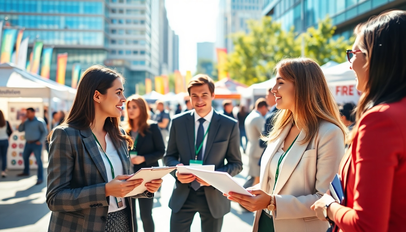 Engaged job seekers pursuing new hire jobs at a vibrant outdoor job fair.