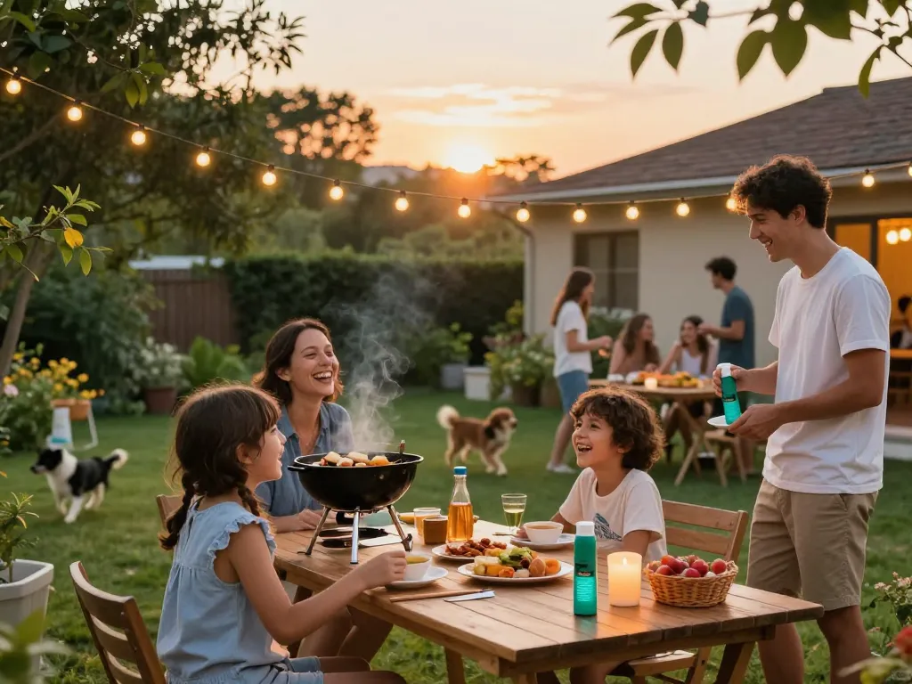 Family enjoying a backyard barbecue with mosquito repellent products for protection.