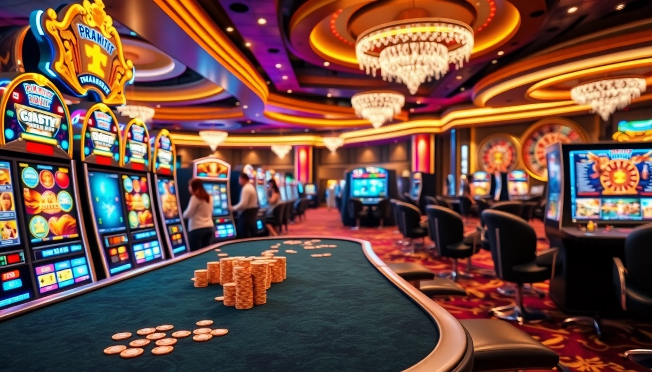 Players enjoying exciting pragmatic slots surrounded by vibrant casino elements and luxurious atmosphere.