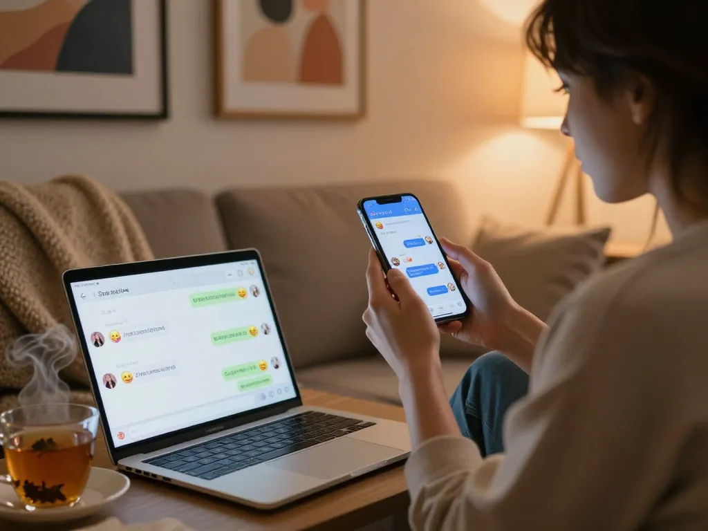 Person engaging in a lively sex chat AI conversation on a smartphone amid cozy, intimate settings.