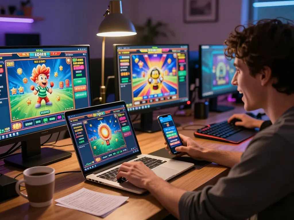 Engaging in slot gacor hari ini gameplay on multiple screens in a cozy home setup.