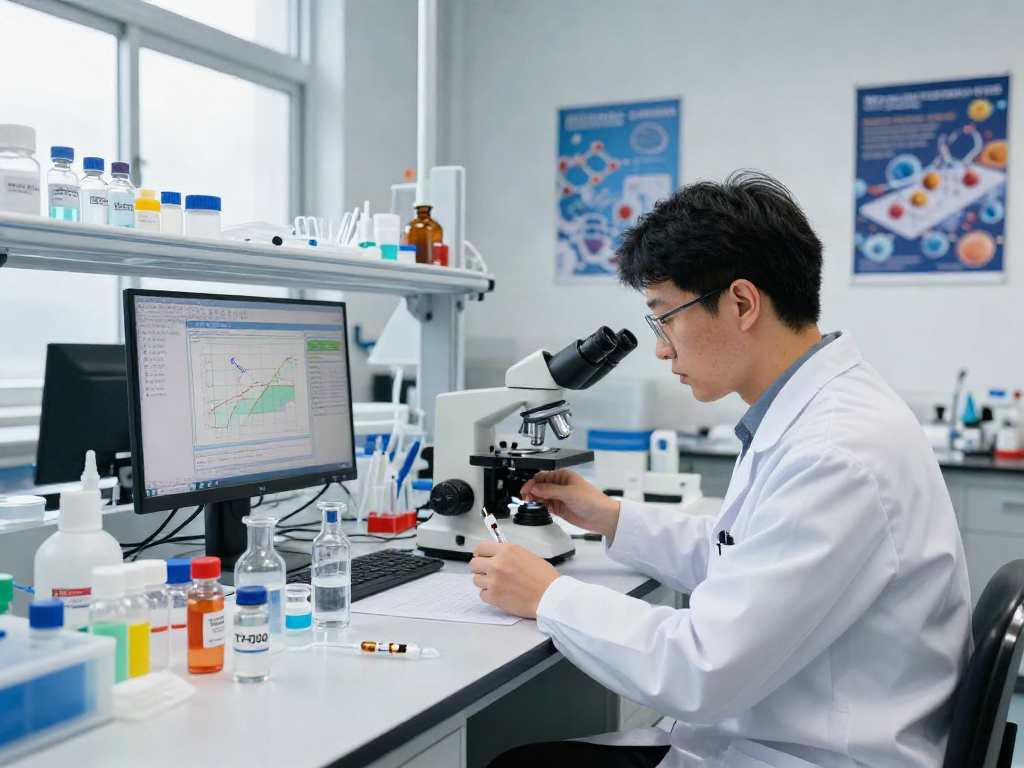 Researcher analyzing TB-500 research peptides in a bright lab environment with vials and data displays.