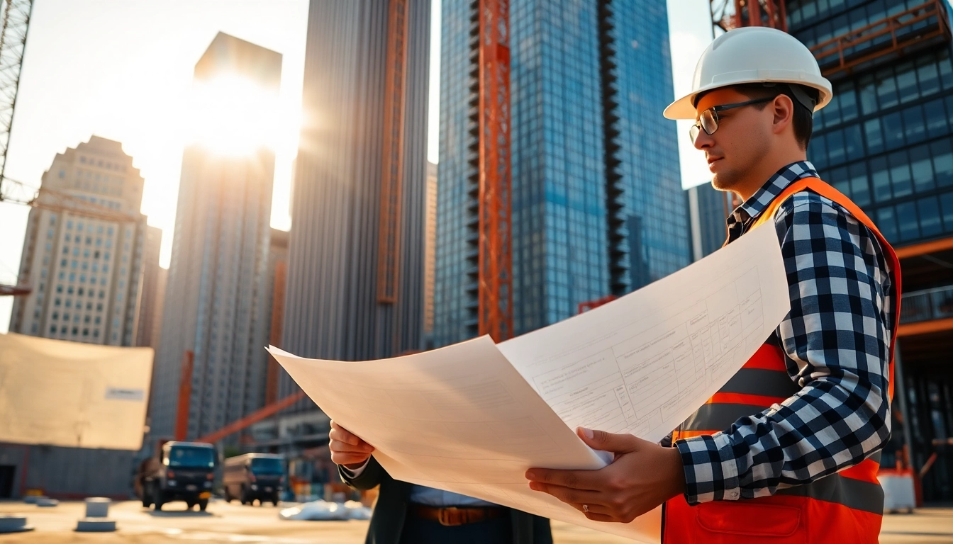 New York Construction Manager inspecting a construction site with blueprints in hand.