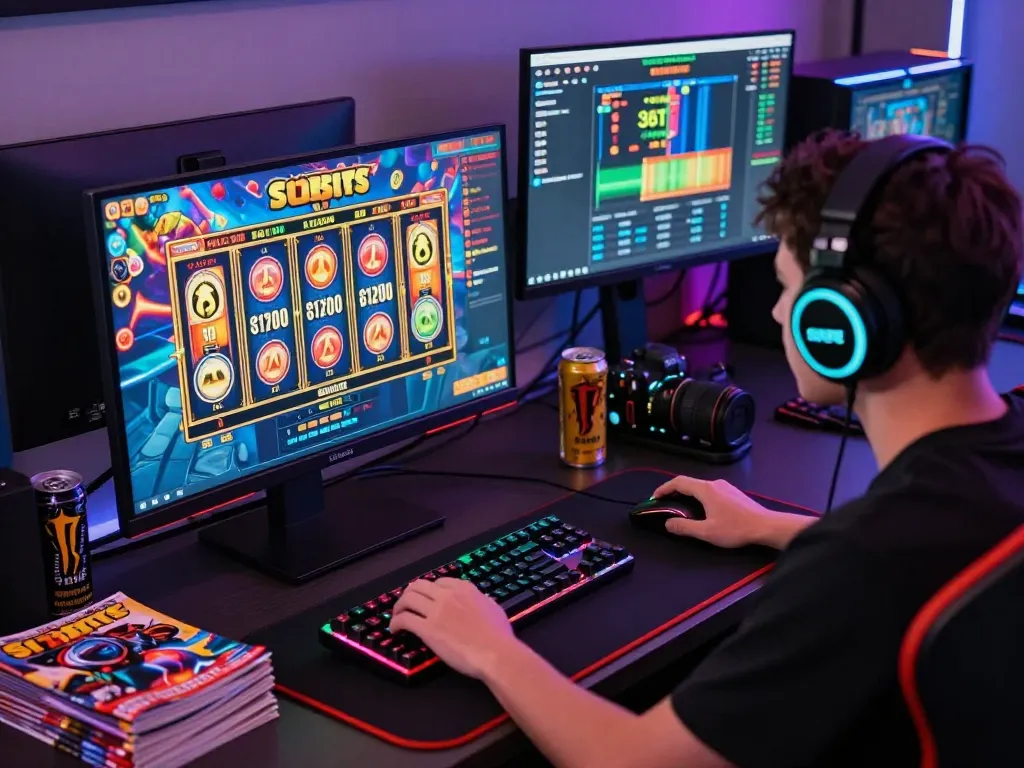 Pemain terlibat dalam permainan situs slot di pengaturan gaming modern dengan suasana yang vibrant.