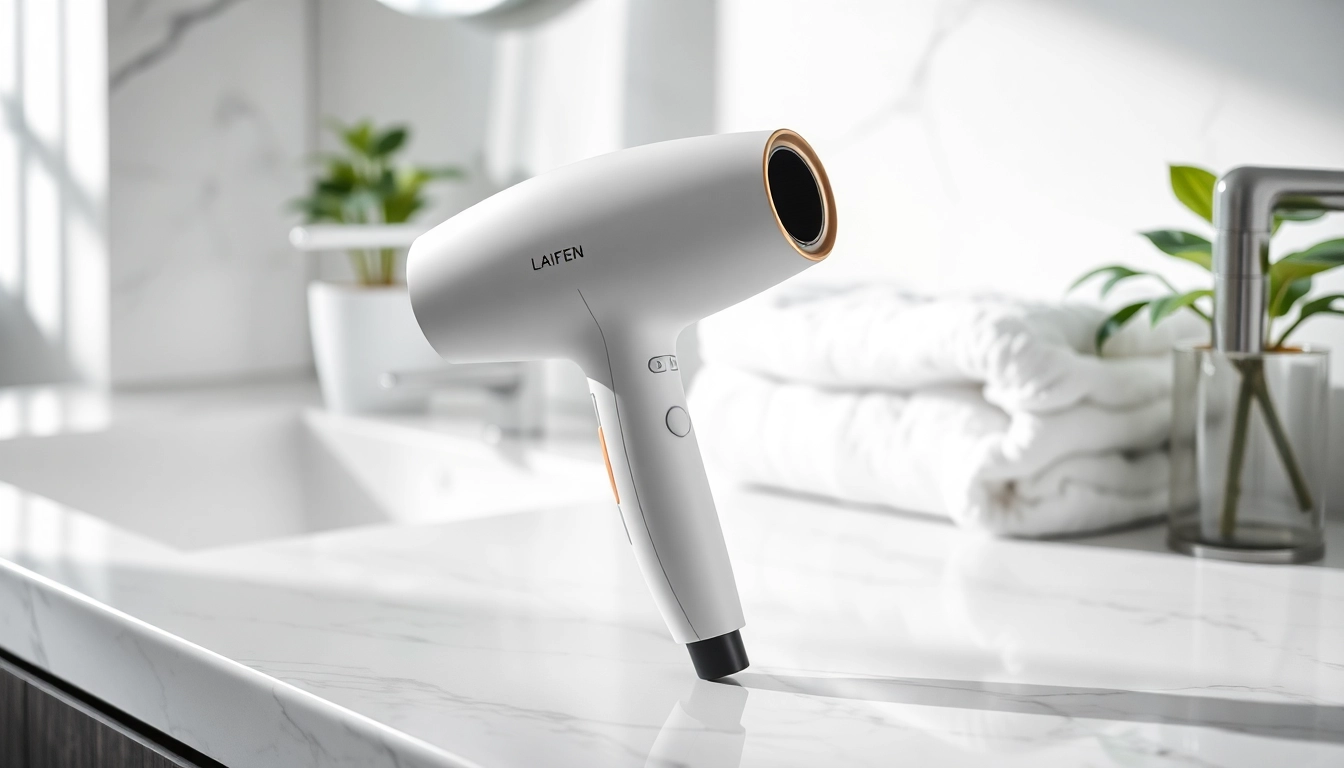 Effortlessly style with the laifen swift premium hair dryer, highlighted on a luxurious bathroom counter.
