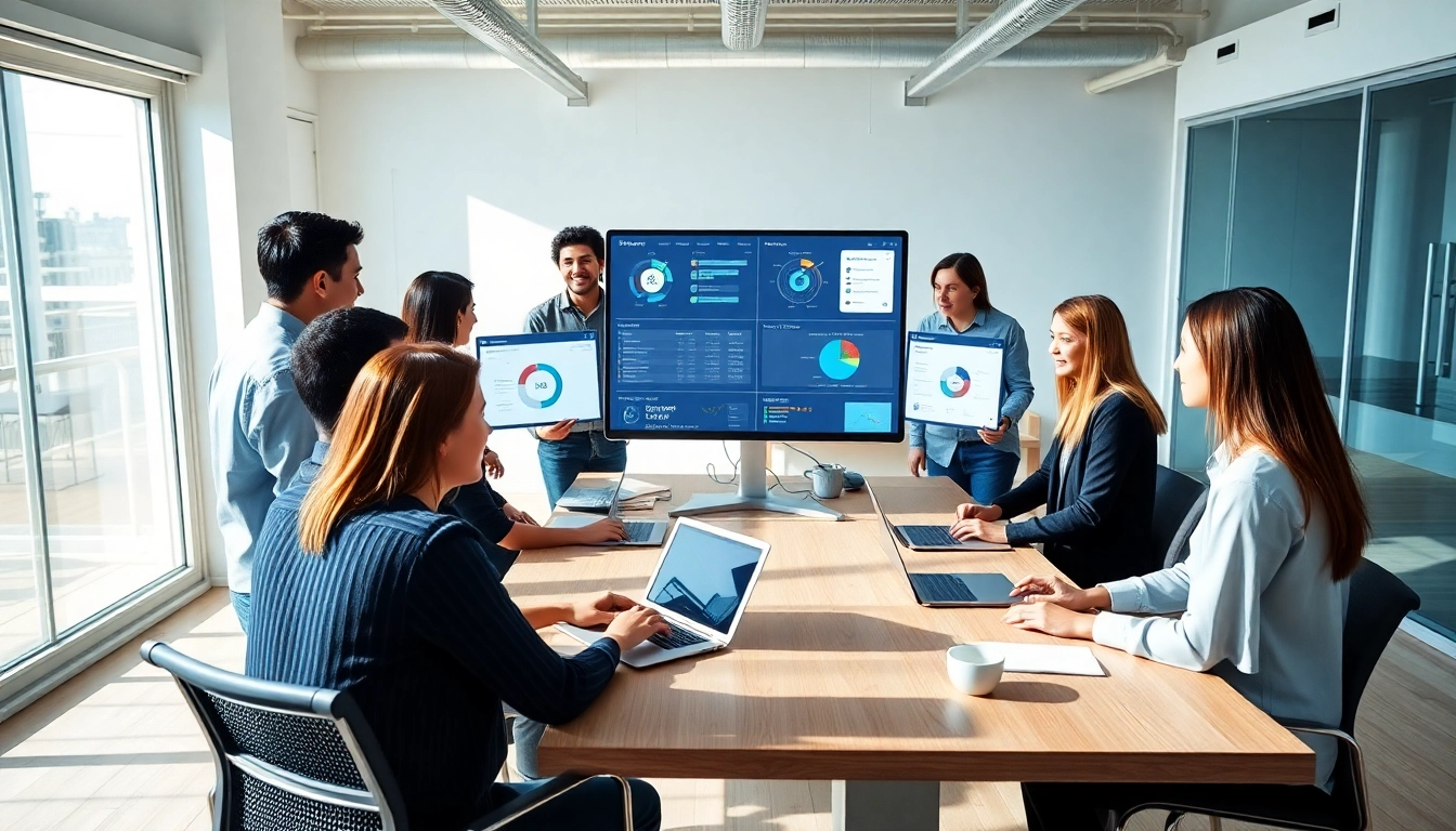 Engaged team utilizing enterprise assistant software in a modern office setting.