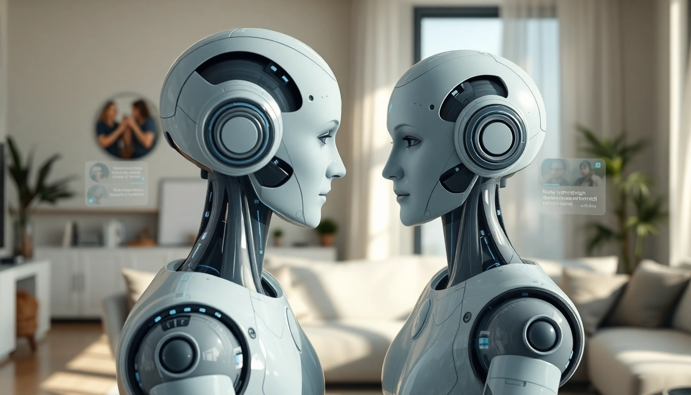 Engaging AI sex companion in a modern living room, showcasing emotional connection and futuristic technology.
