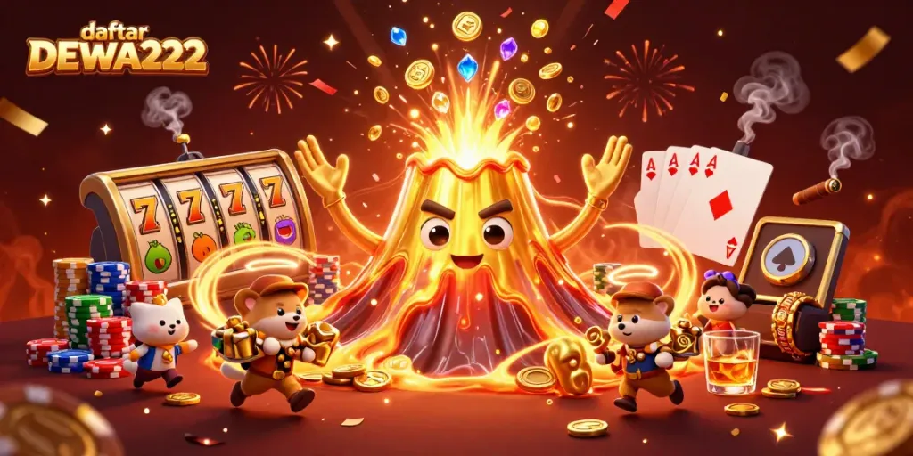 Experience the excitement of daftar DEWA222 with a golden volcano erupting treasures in this vibrant 3D scene.