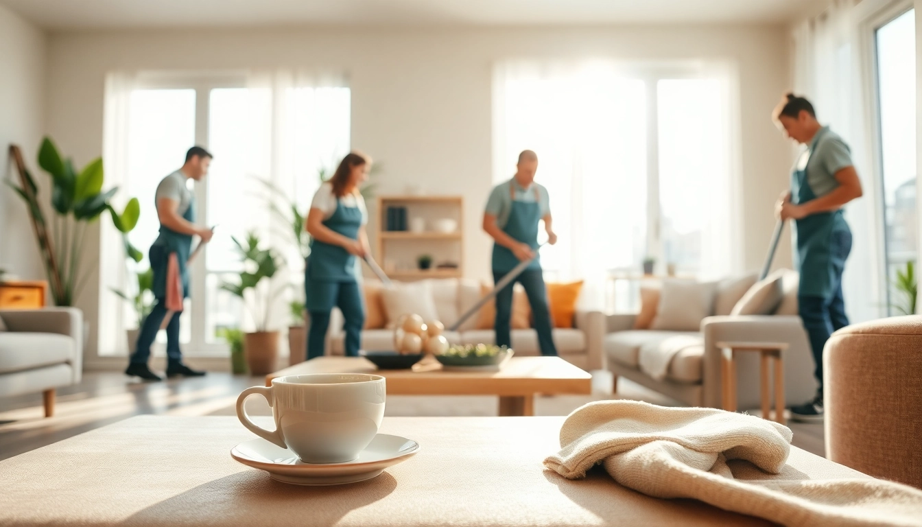 Cleaning Service team expertly tidying a bright living room with modern aesthetics.