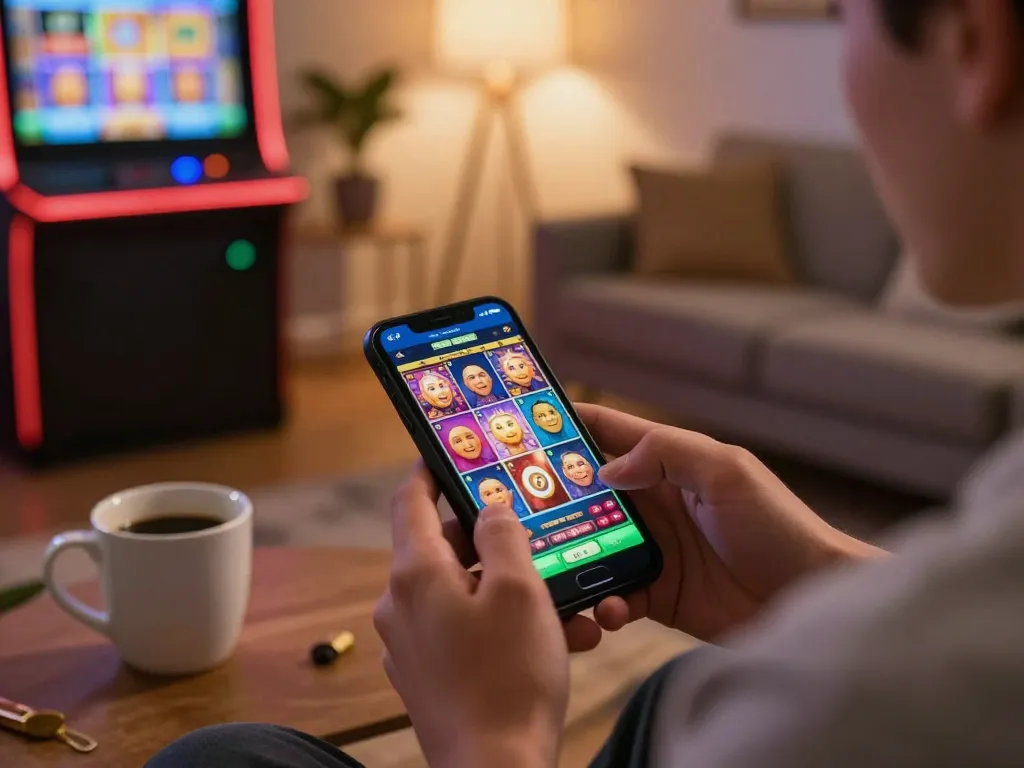 Player spinning slot reels on smartphone during cozy home gaming session
