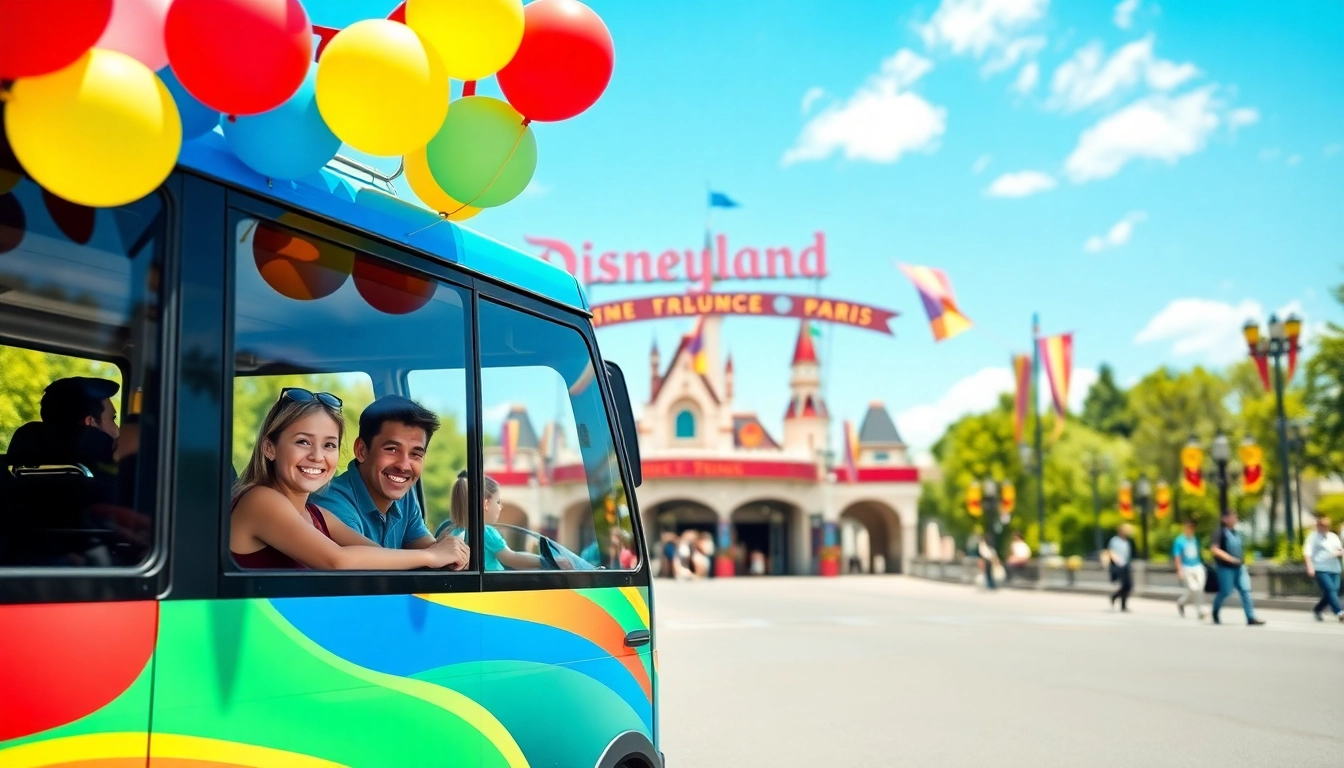 Experience Disneyland Paris airport transfer services with a vibrant shuttle buzzing with happy families.