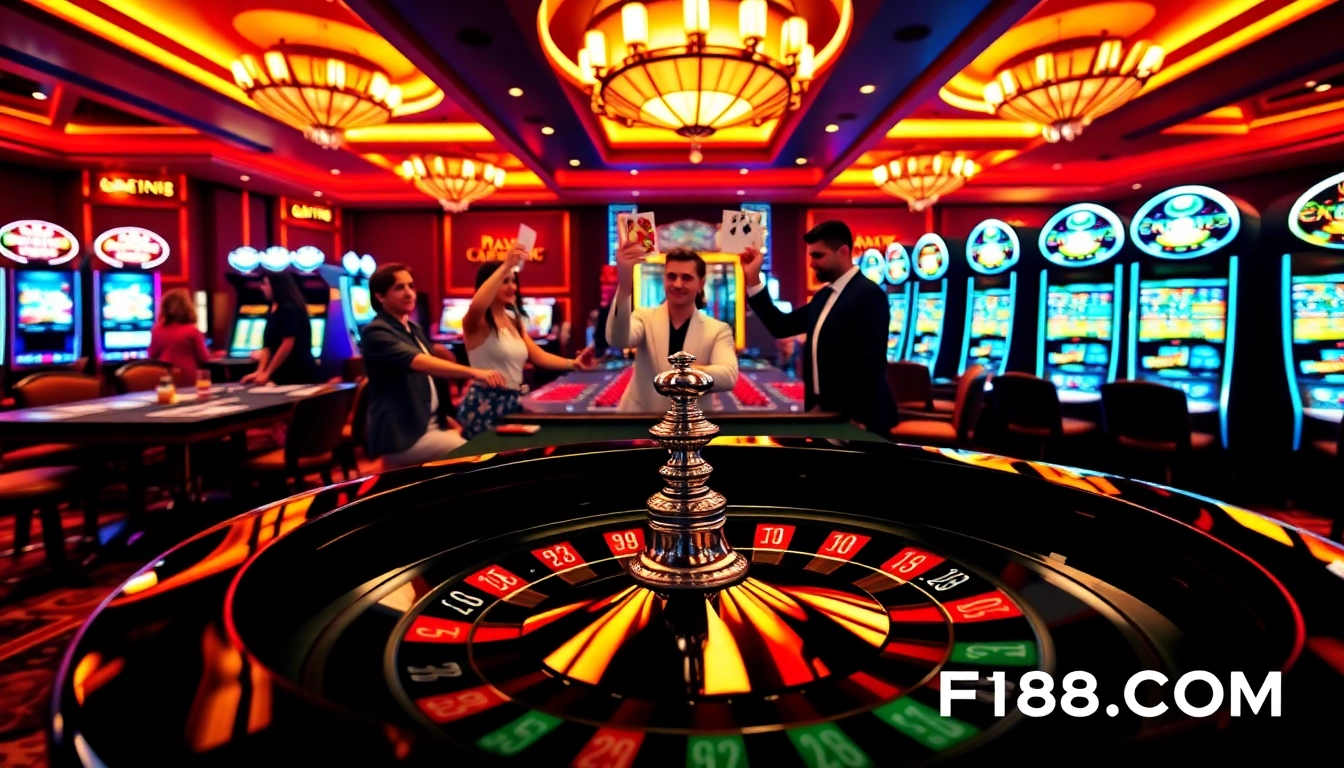 Players enjoying a thrilling casino experience at F168.COM with vibrant roulette tables and slot machines.