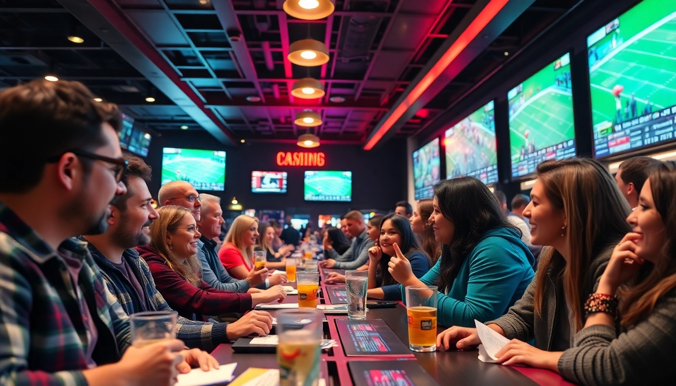 Engaged bettors enjoying sports betting Canada experience at a lively sportsbook with screens.