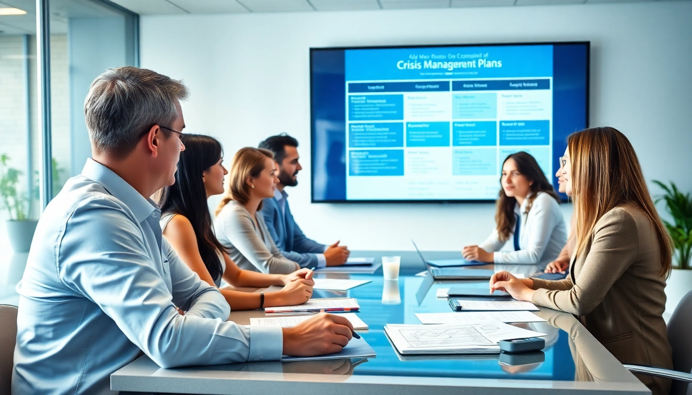 Crisis management consultant leading a strategy meeting with team members in an office setting.