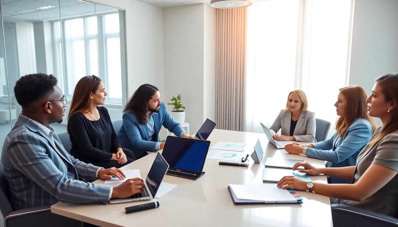 Consultants collaborating on Registration and certification in Federal databases for federal contracts strategies in a vibrant office.