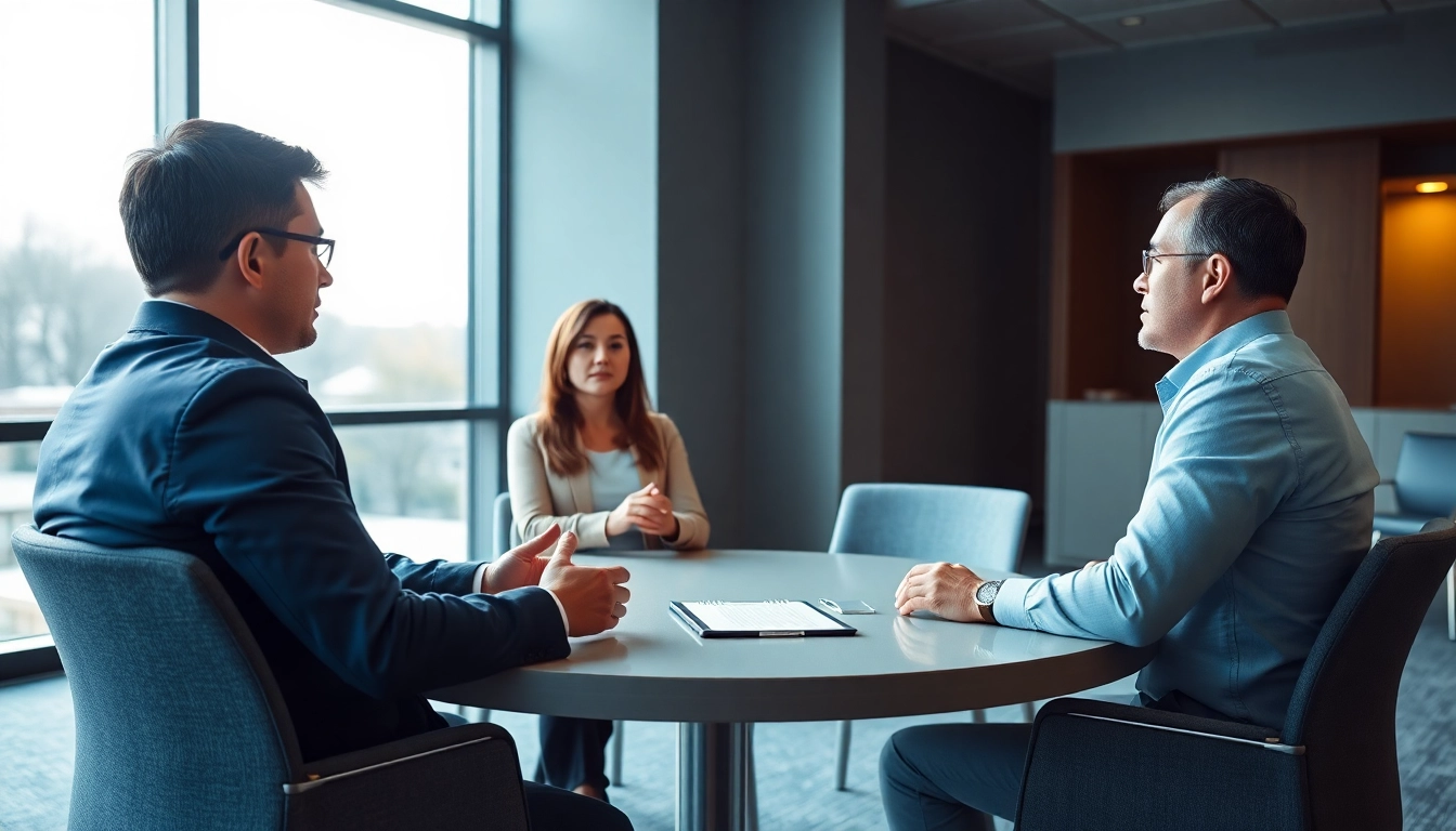 Mediation session with engaged participants in a modern conference room highlighting collaboration.