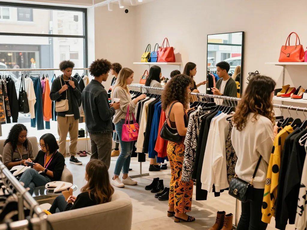 Shopping at a 레플리카 사이트 boutique featuring trendy fashion replicas in a vibrant environment.