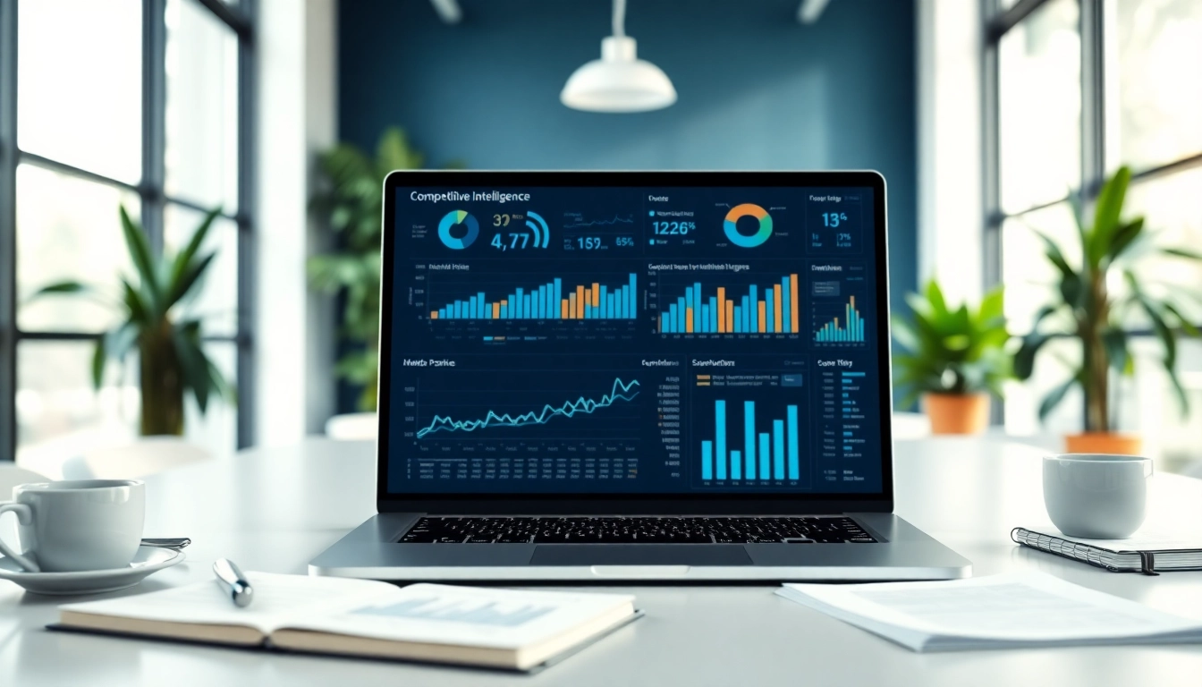Engaging visual of competitive intelligence metrics on a sleek laptop in a bright office.