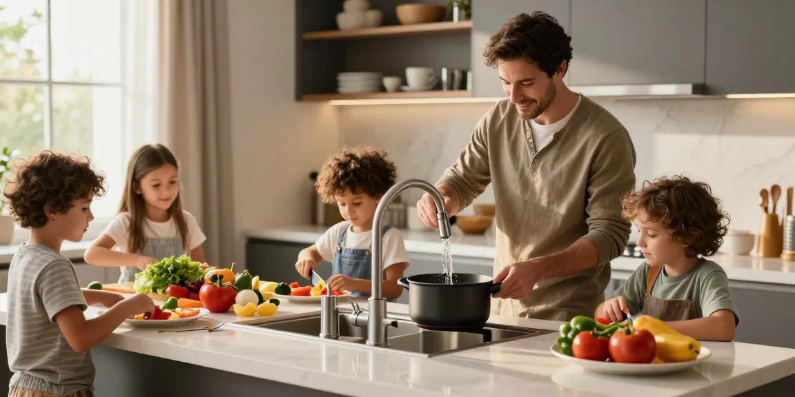 Family cooking together in a modern kitchen featuring stylish kitchen faucets and vibrant produce.