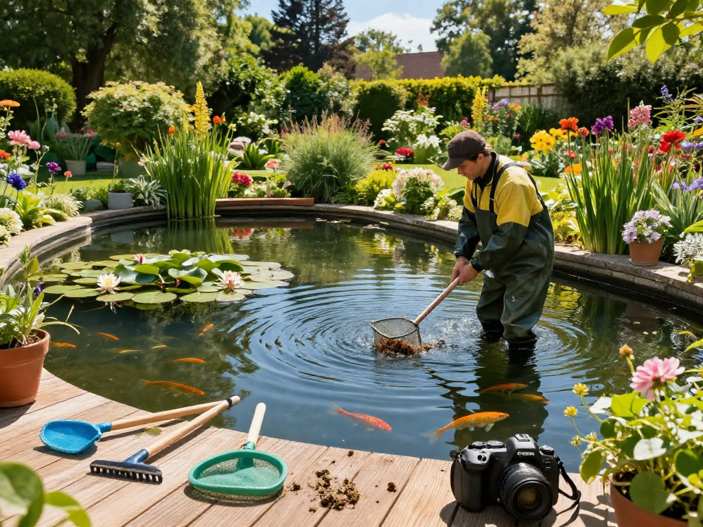 Pond Cleaning Sussex: Professional cleaner removing debris from a serene pond in a lush Sussex garden.