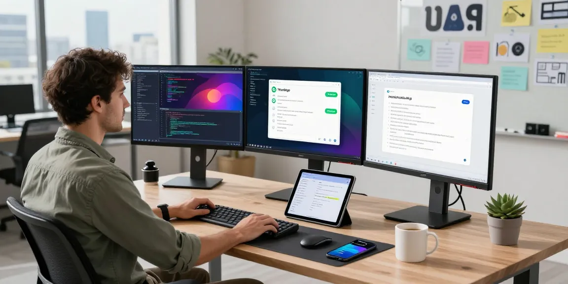 Developer using innovative software tools including WhatsApp下載 in a modern tech workspace.