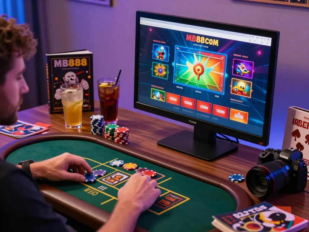 Engaging with MB88 COM online gaming platform at home, illustrating strategic gameplay.